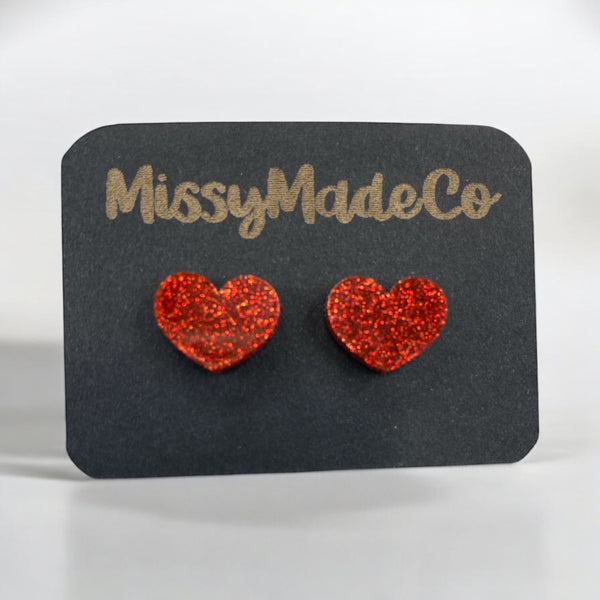 Red Glitter Heart Studs